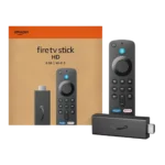Thiết bị Amazon Fire TV Stick HD nhỏ gọn với remote và logo Fire TV