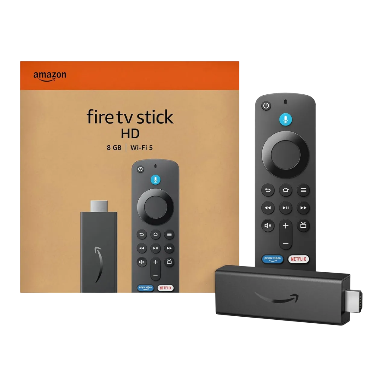 Thiết bị Amazon Fire TV Stick HD nhỏ gọn với remote và logo Fire TV