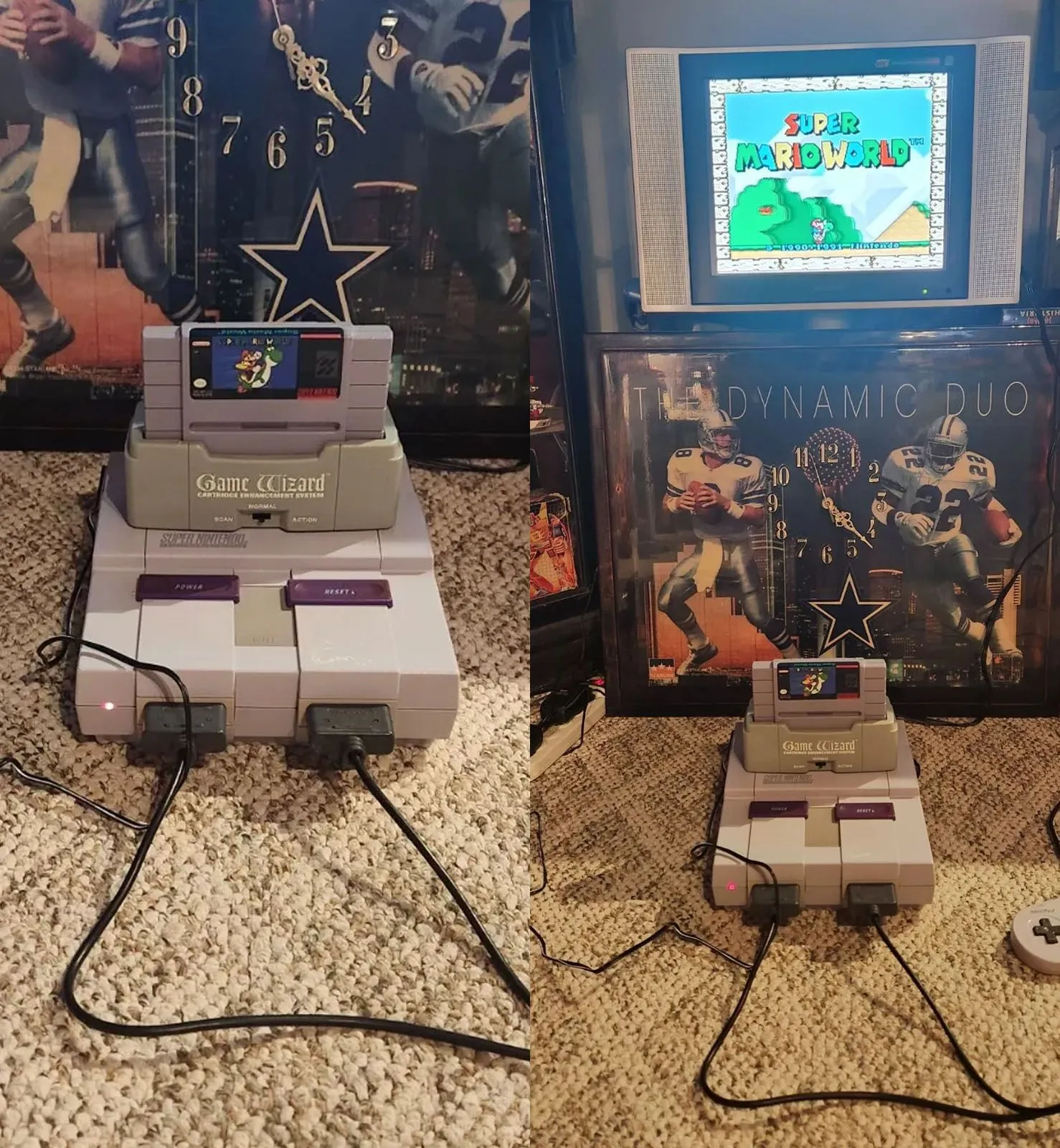 Thiết bị Game Wizard được cắm vào máy Super Nintendo Entertainment System (SNES) và kết nối với TV