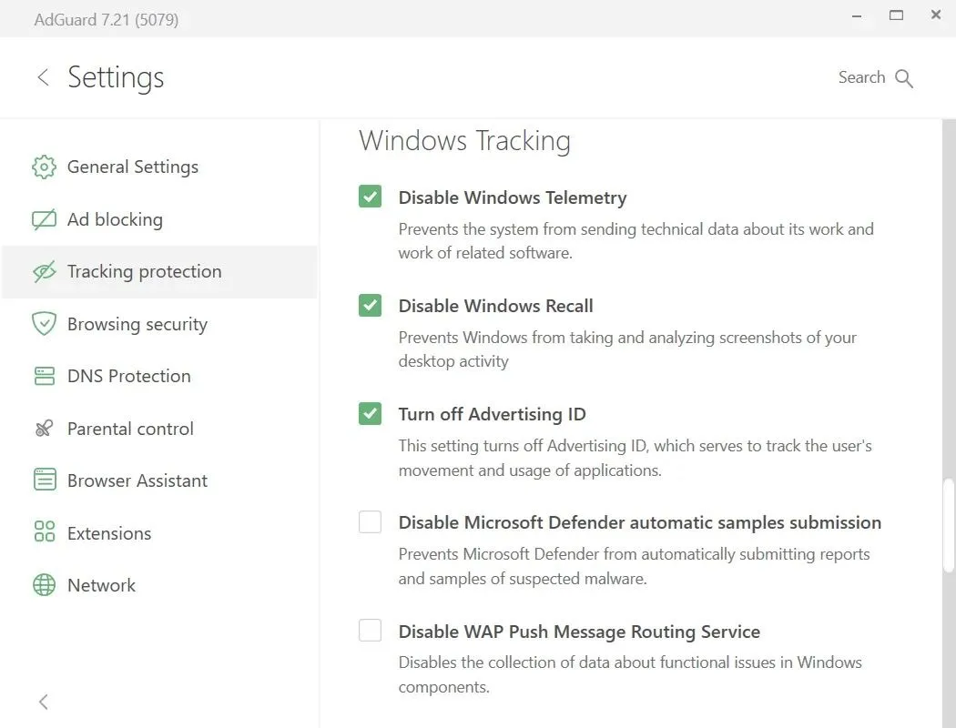 Thiết lập chống theo dõi của Windows trong AdGuard cho phép vô hiệu hóa Recall