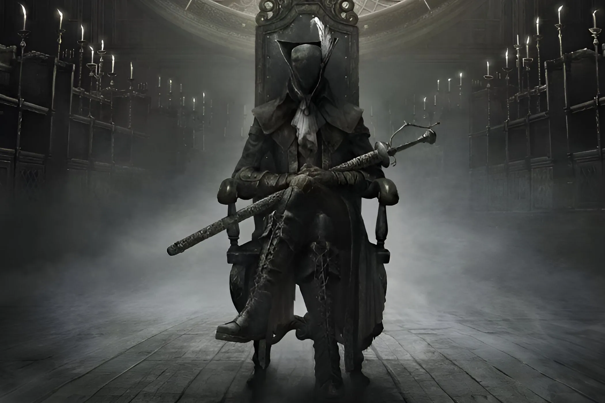 Thợ săn bí ẩn với thanh kiếm dài trong bối cảnh u ám của Bloodborne DLC The Old Hunters