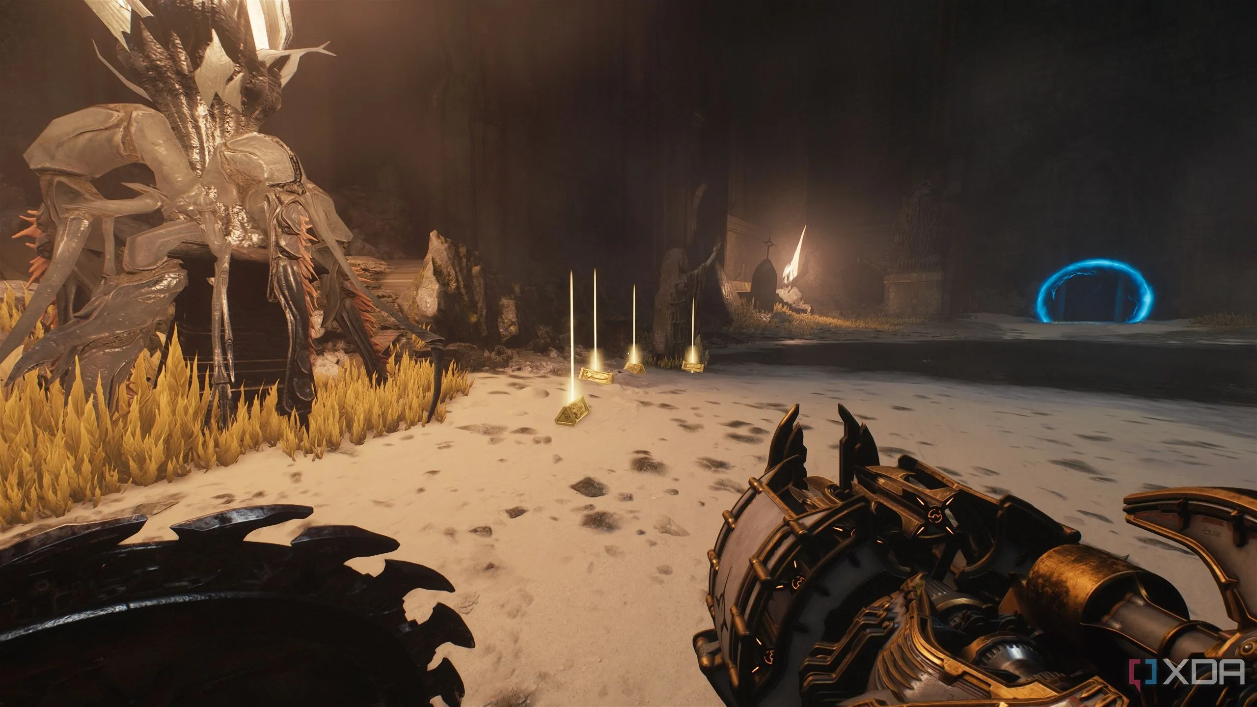 Thỏi vàng nằm gần cổng dịch chuyển màu xanh ở xa trong Chương 14 Doom The Dark Ages.