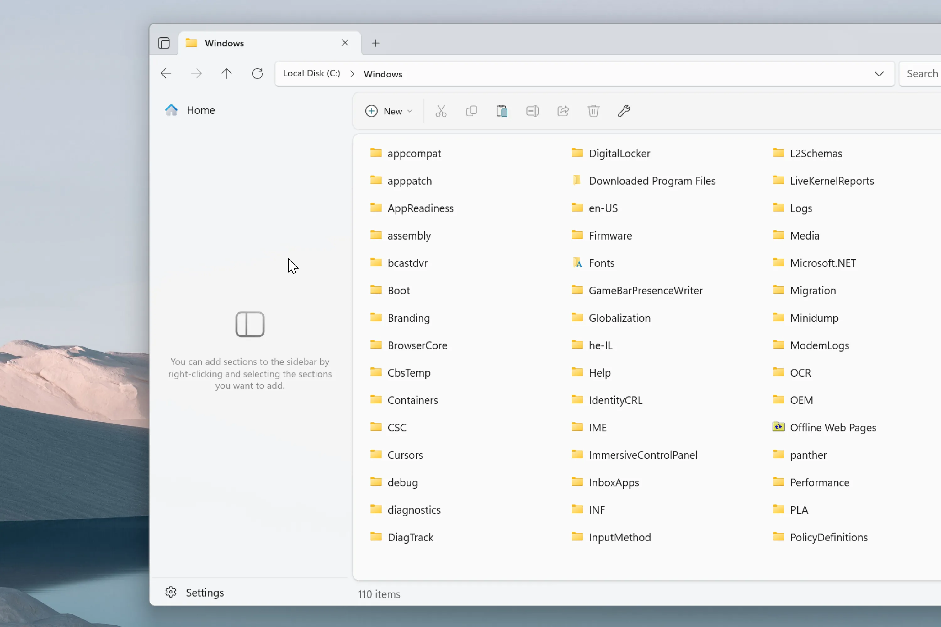Thông báo hướng dẫn thêm mục vào thanh bên (sidebar) khi trống trong ứng dụng Files trên Windows 11.