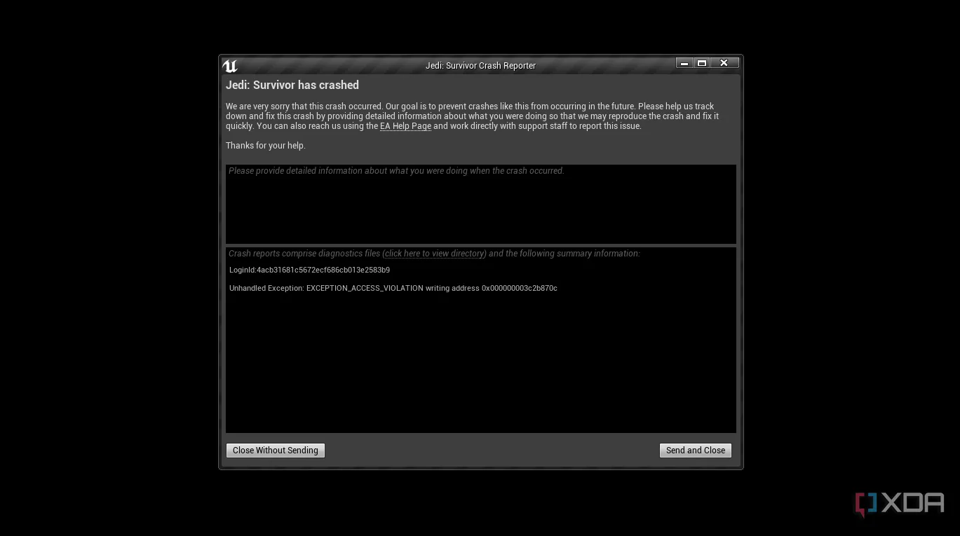 Thông báo lỗi crash game Jedi Survivor trên PC do card đồ họa quá nóng.