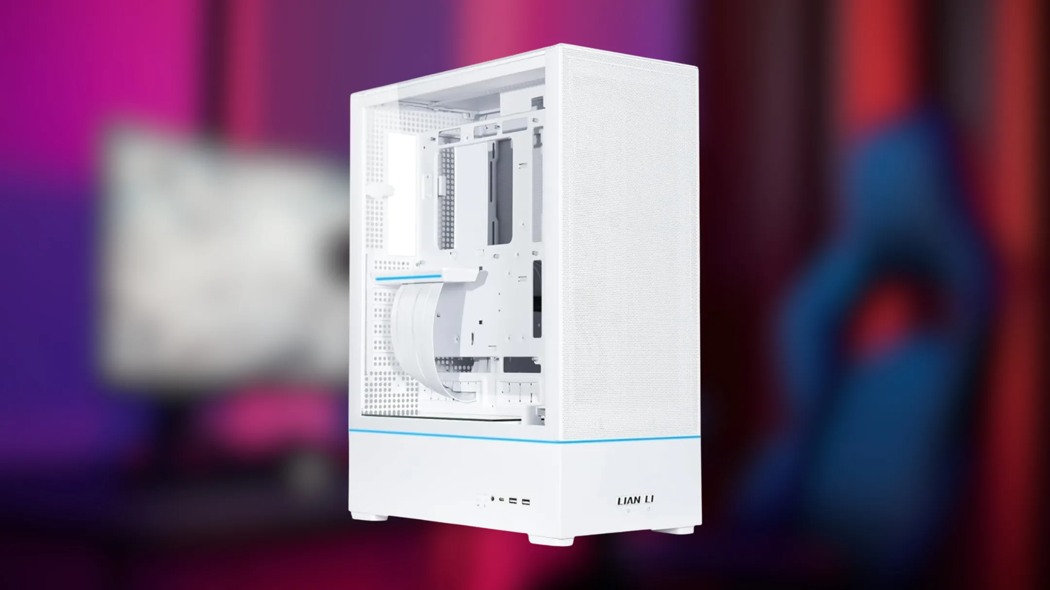 Thùng máy Lian Li SUP 01 hiển thị bên trong với không gian rộng rãi, ba quạt 120mm bên hông và cáp riser PCIe 4.0 đi kèm cho VGA