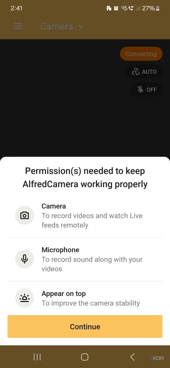 Tiếp tục yêu cầu cấp các quyền cần thiết cho Alfred Security để hoạt động như camera giám sát.