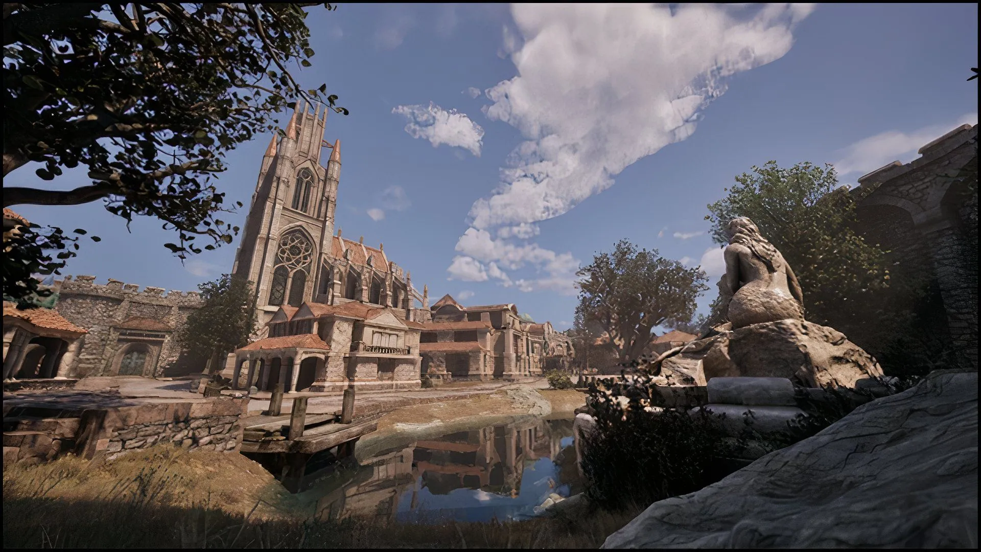 Toàn cảnh thành phố trong Oblivion Remastered, thể hiện sự thay đổi về đồ họa khi Lumen bị tắt.