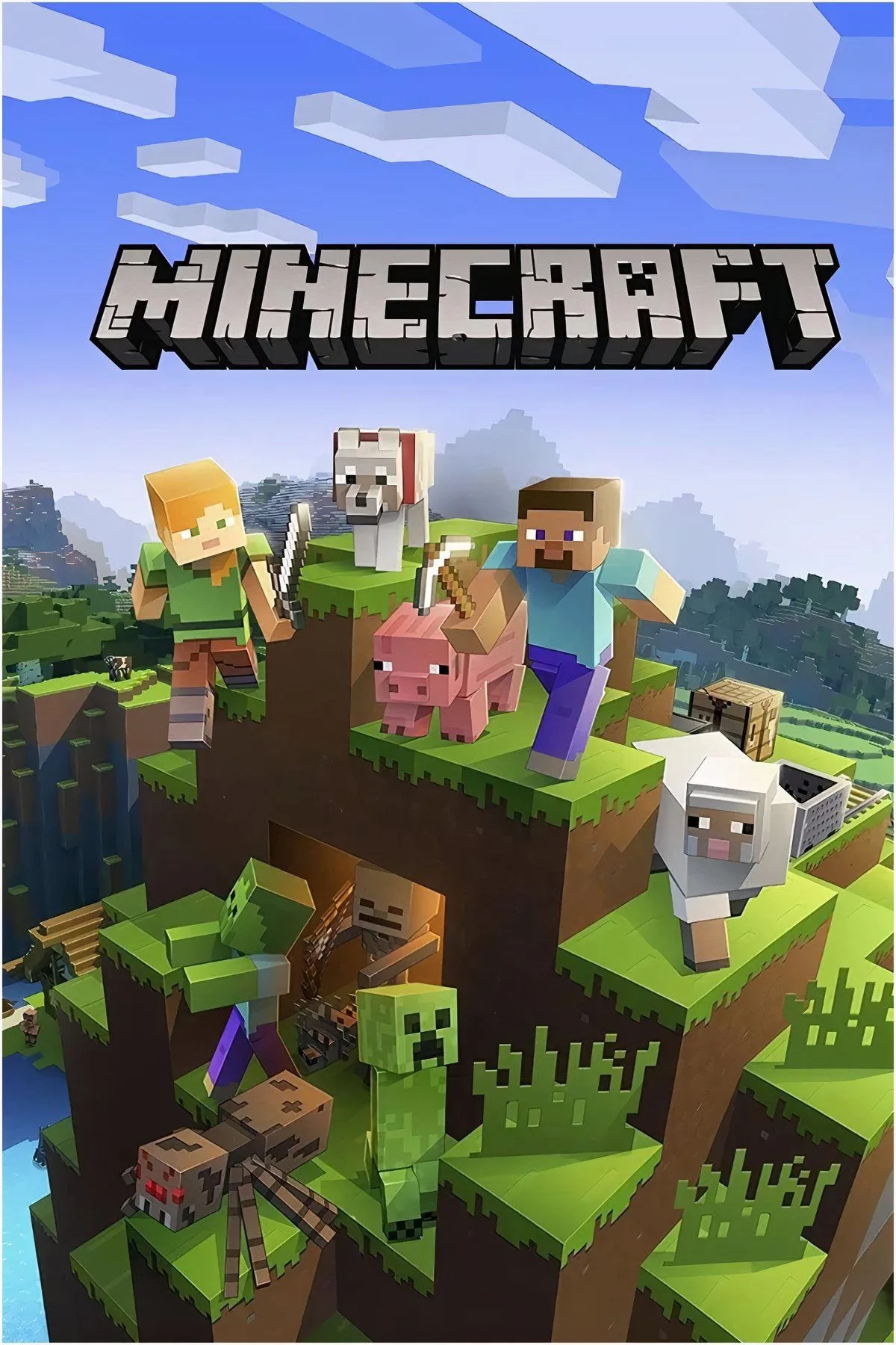 Tổng hợp các yếu tố đặc trưng làm nên thành công của game Minecraft như thế giới khối lập phương và nhân vật Steve.