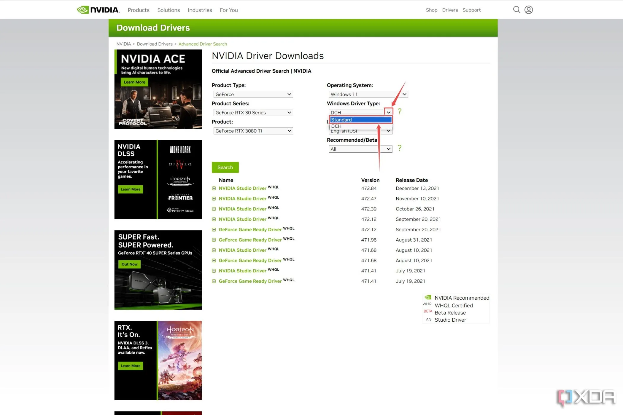 Trang web tải driver của Nvidia với tùy chọn Standard drivers (Driver tiêu chuẩn) được làm nổi bật, minh họa cho việc cập nhật driver card đồ họa là một cách quan trọng để cải thiện FPS và hiệu suất chơi game.