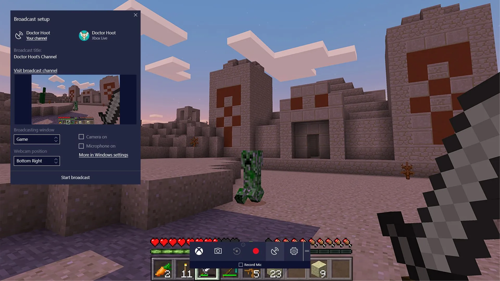 Trò chơi Minecraft đang phát trực tiếp với lớp phủ Beam (Mixer) trên Windows 10, minh họa tính năng livestream game tích hợp.