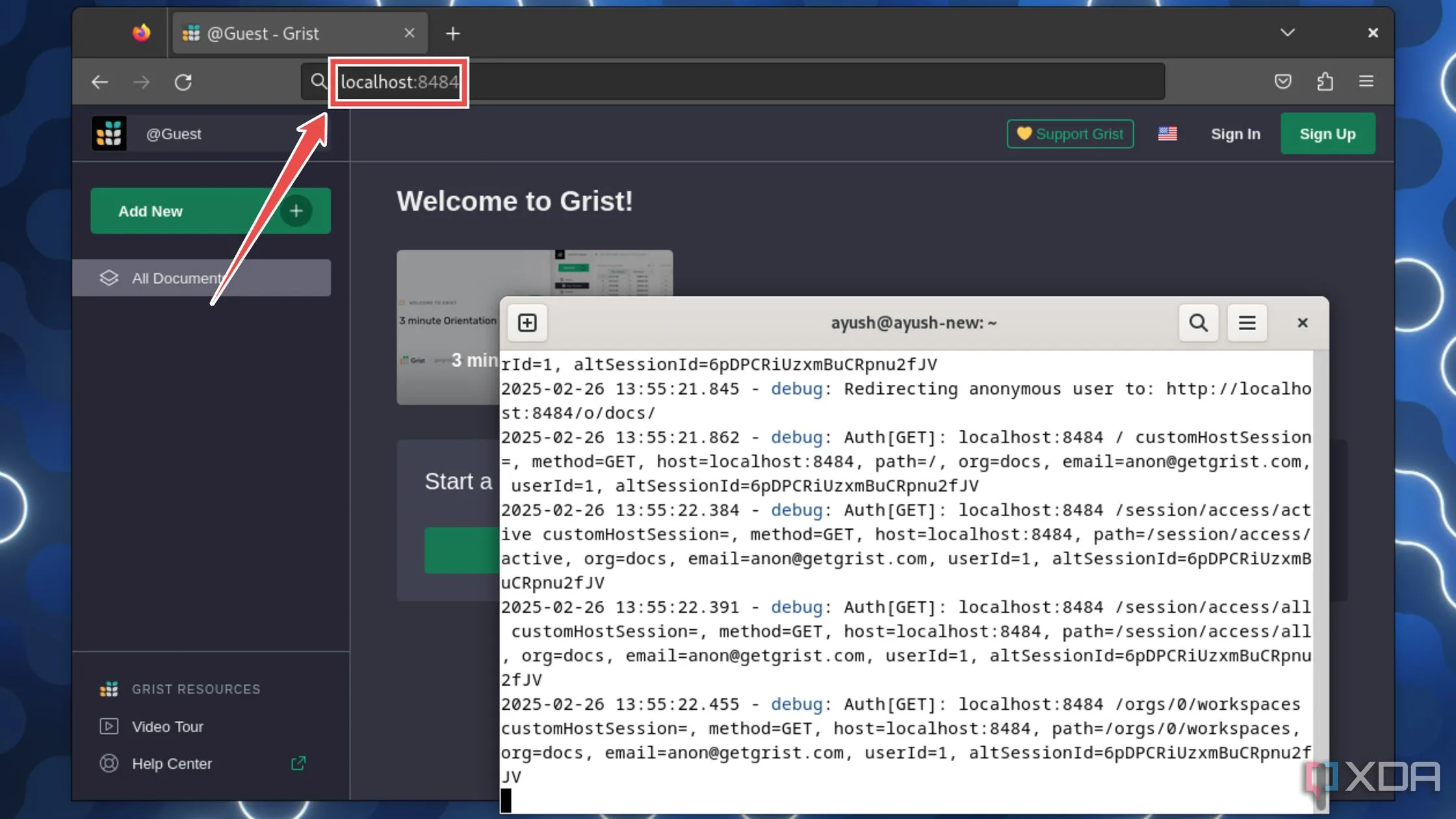 Truy cập giao diện web của Grist qua localhost trên trình duyệt