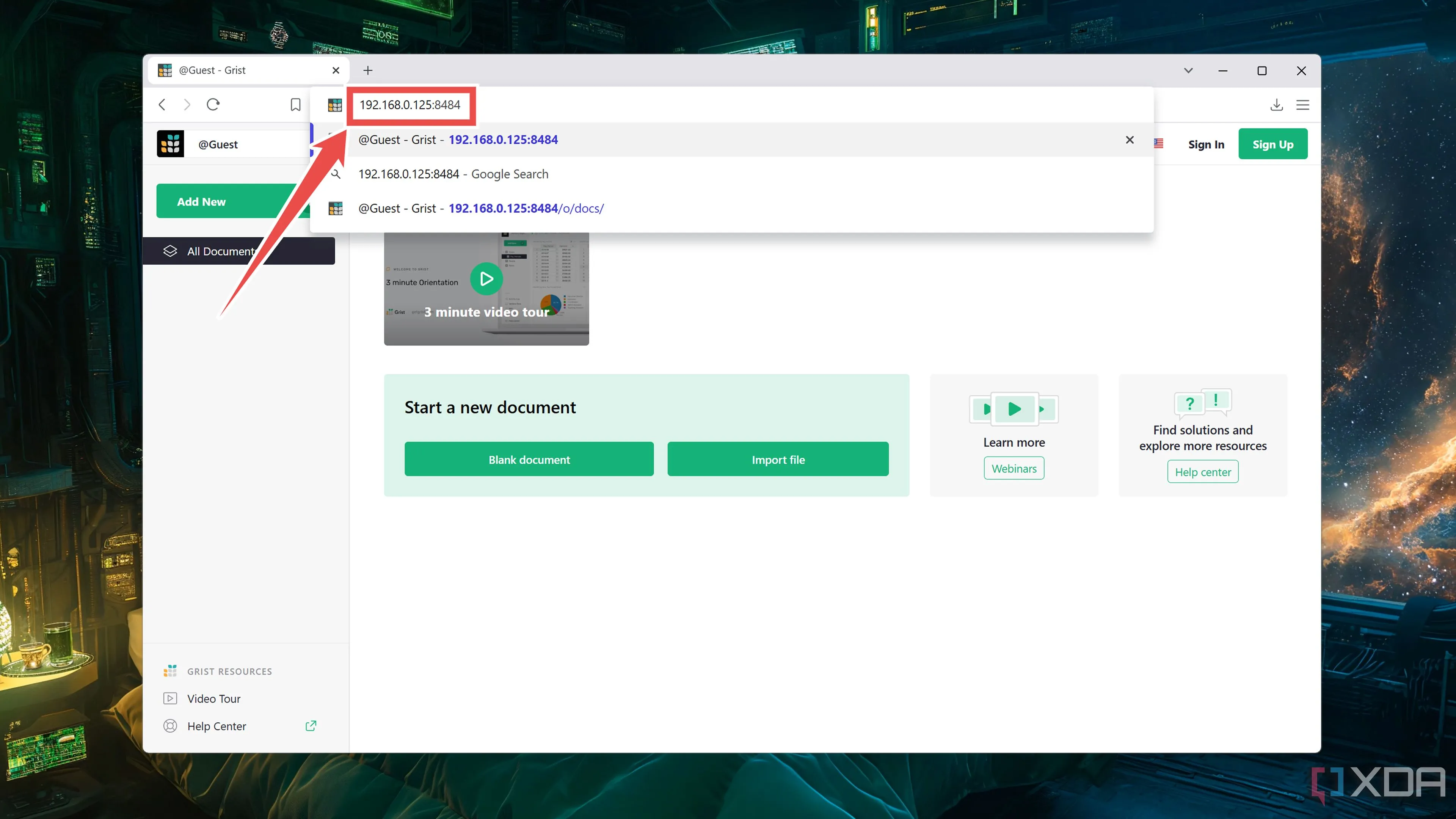 Truy cập Grist UI từ mạng nội bộ bằng địa chỉ IP của máy chủ Docker