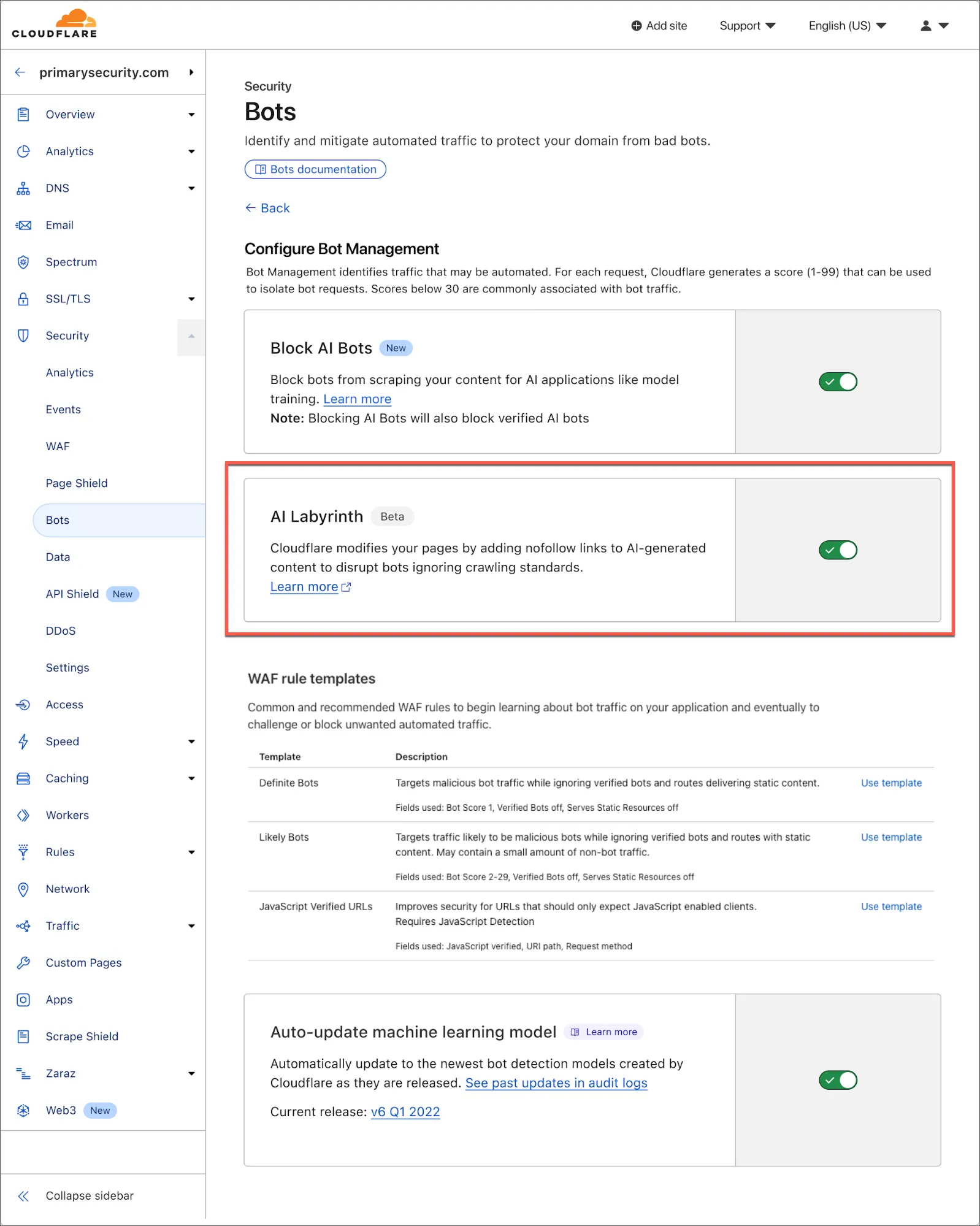 Tùy chọn bật AI Labyrinth trong phần cài đặt quản lý bot của Cloudflare