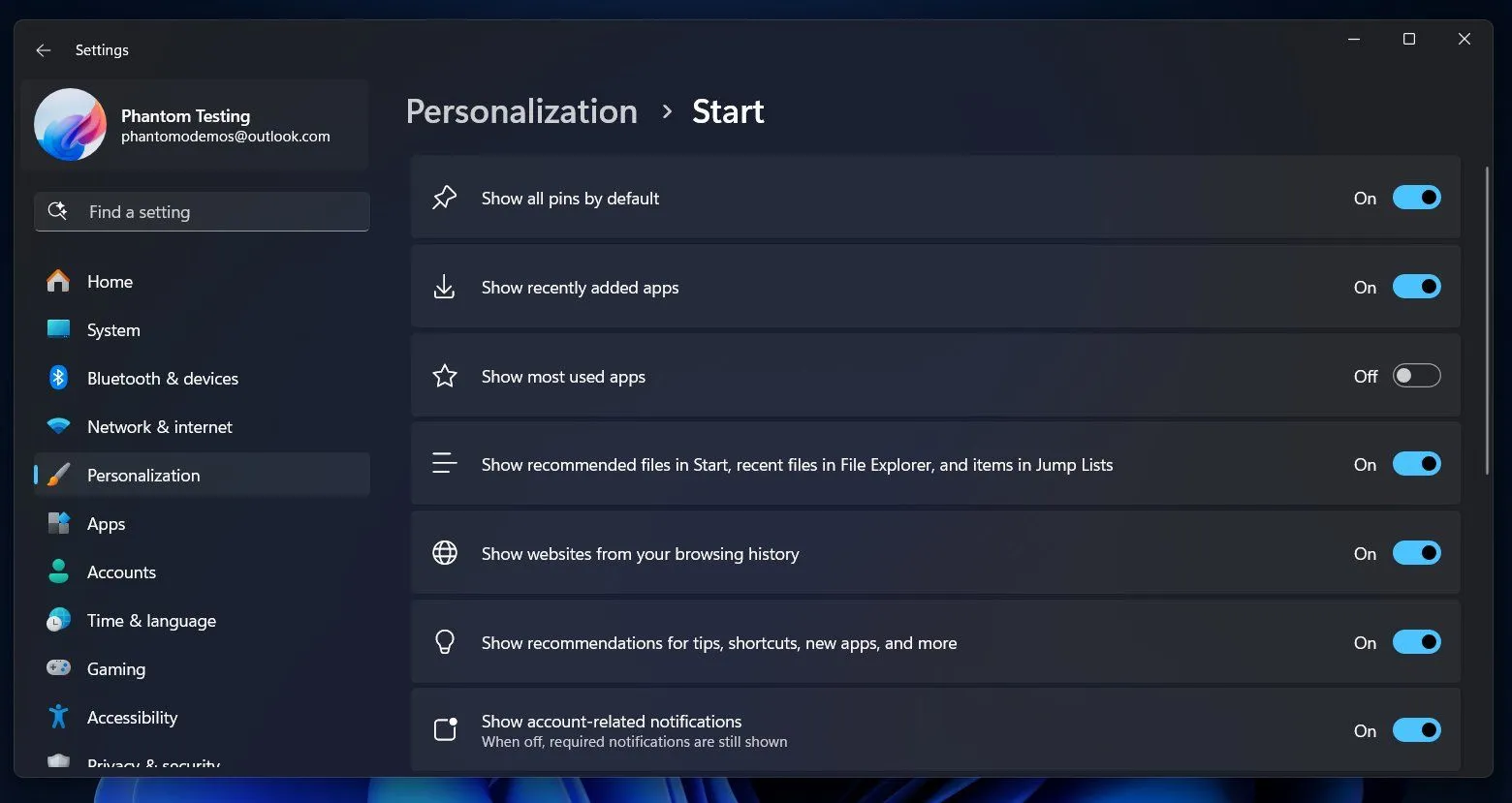 Tùy chọn cài đặt cá nhân hóa để tắt mục Recommended (Đề xuất) trong Start menu Windows 11