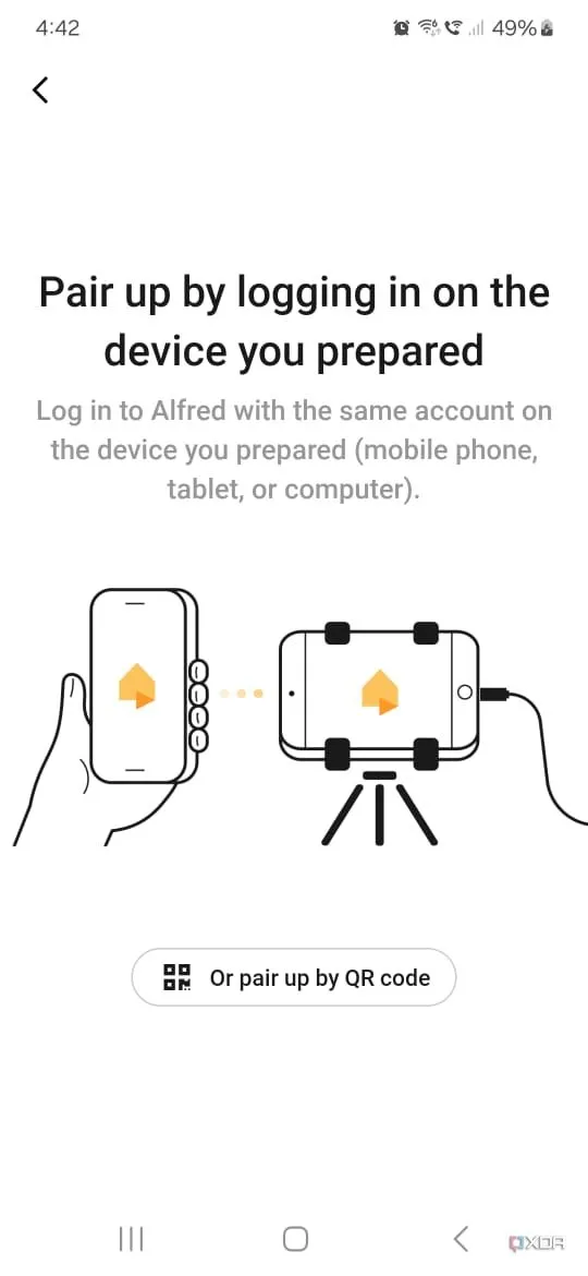 Tùy chọn ghép nối thiết bị trong Alfred Security, bao gồm quét mã QR và đăng nhập thủ công.