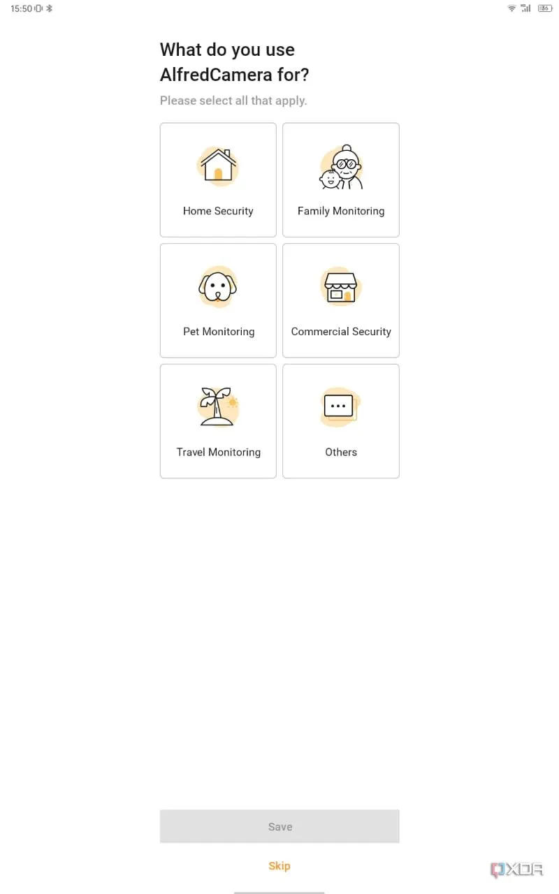 Tùy chọn mục đích sử dụng camera giám sát trong ứng dụng Alfred, ví dụ: an ninh gia đình, theo dõi thú cưng.