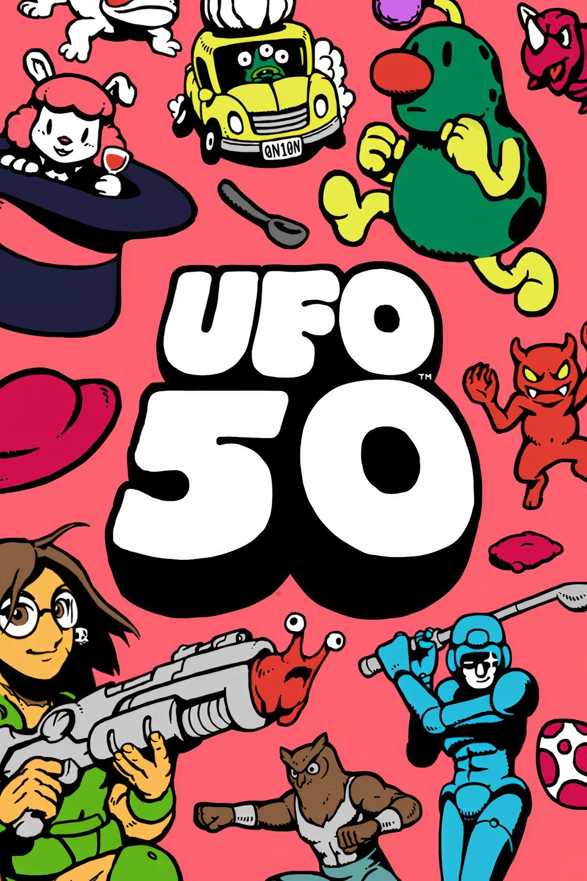 UFO 50 - hình ảnh bìa với logo và các nhân vật game phong cách retro