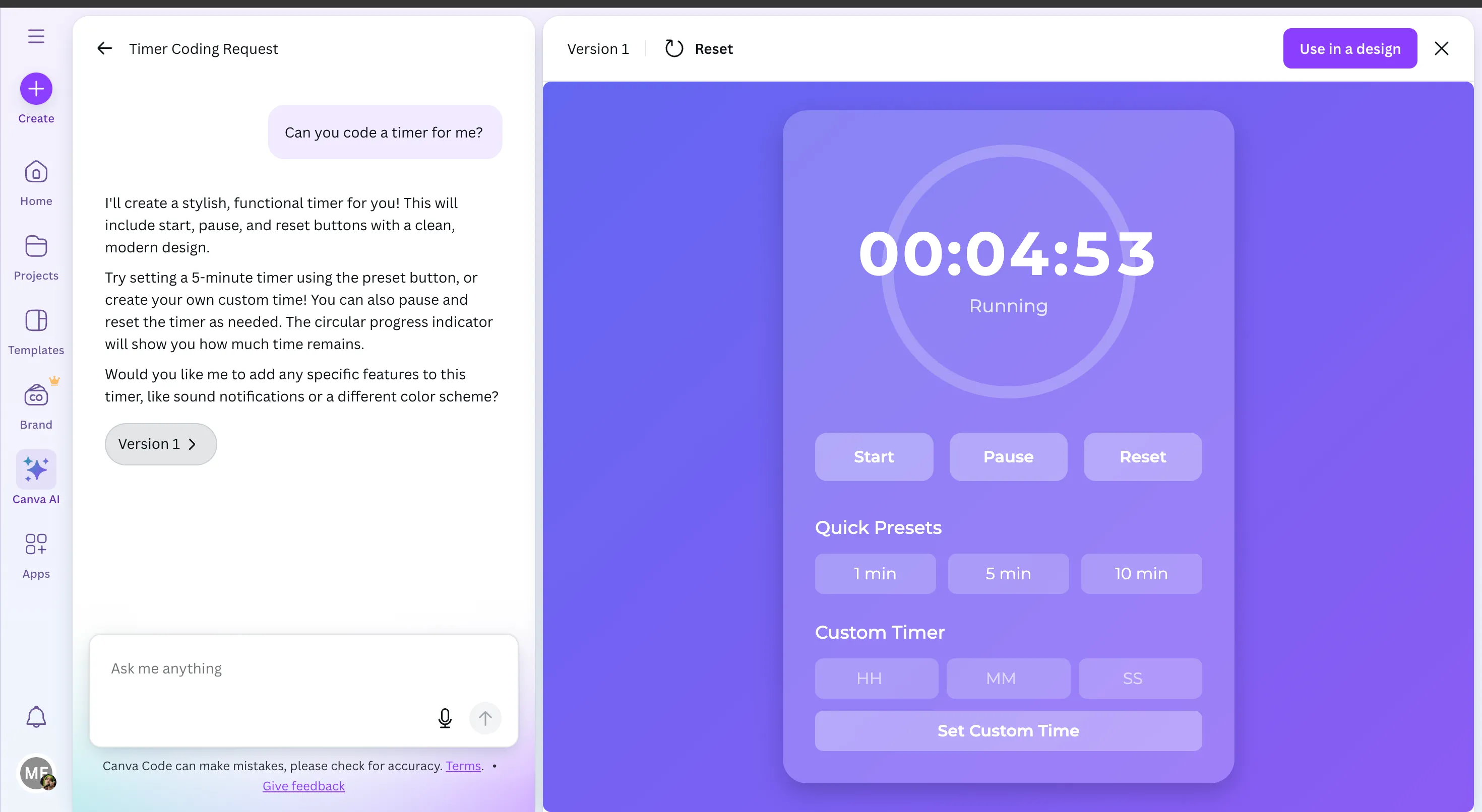 Ví dụ về công cụ đếm ngược thời gian được tạo bằng Canva Code với giao diện màu tím.
