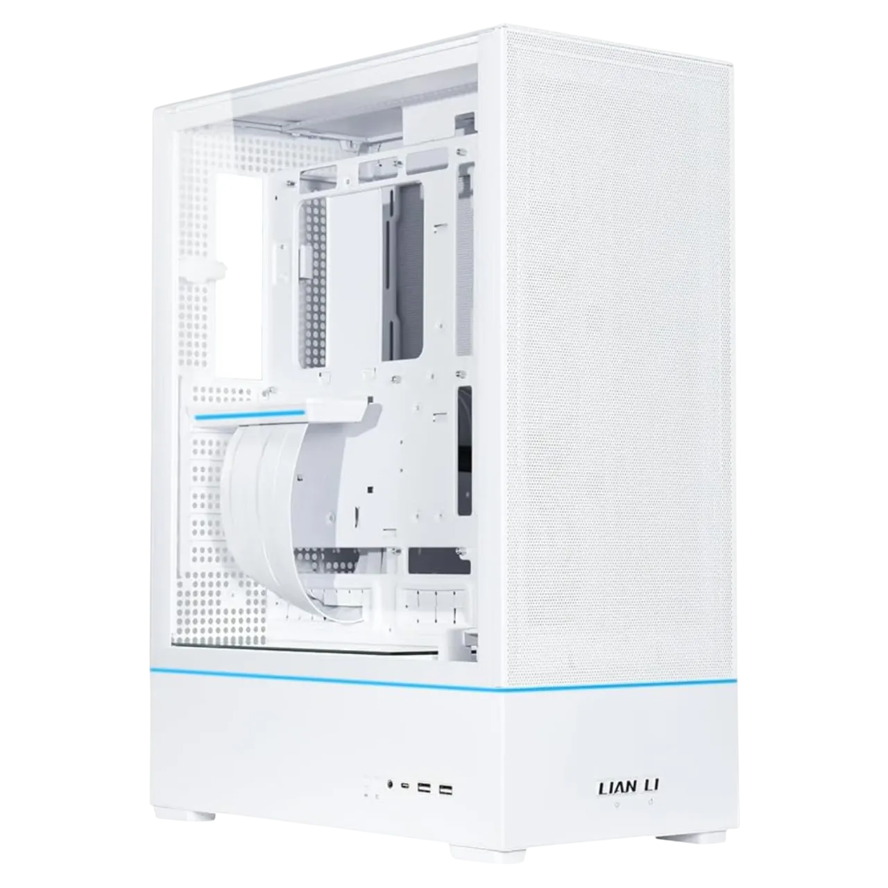 Vỏ case máy tính Lian Li SUP 01 với thiết kế mặt trước và cạnh kính nhìn xuyên, nổi bật với đèn RGB và khả năng tản nhiệt hiệu quả