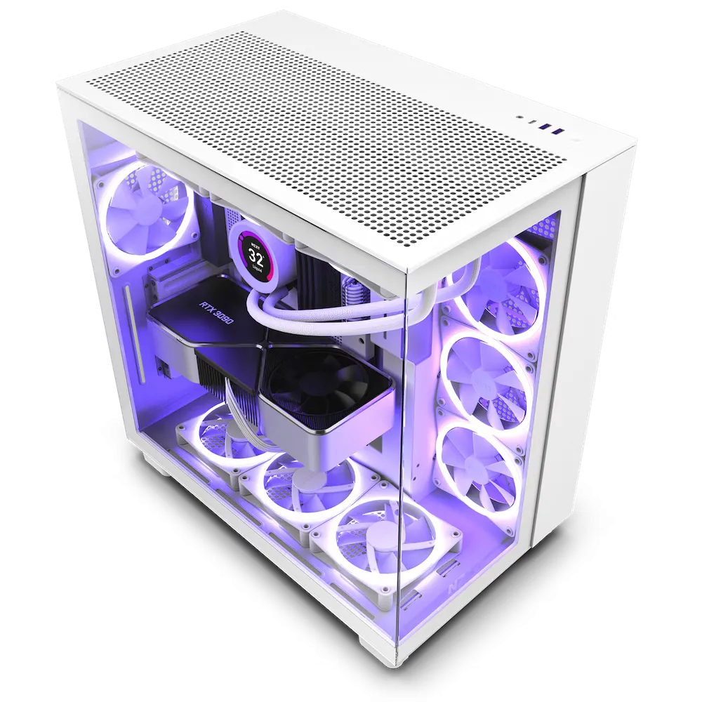 Vỏ case NZXT H9 Flow màu trắng với thiết kế hai khoang độc đáo, mang lại tính thẩm mỹ cao.