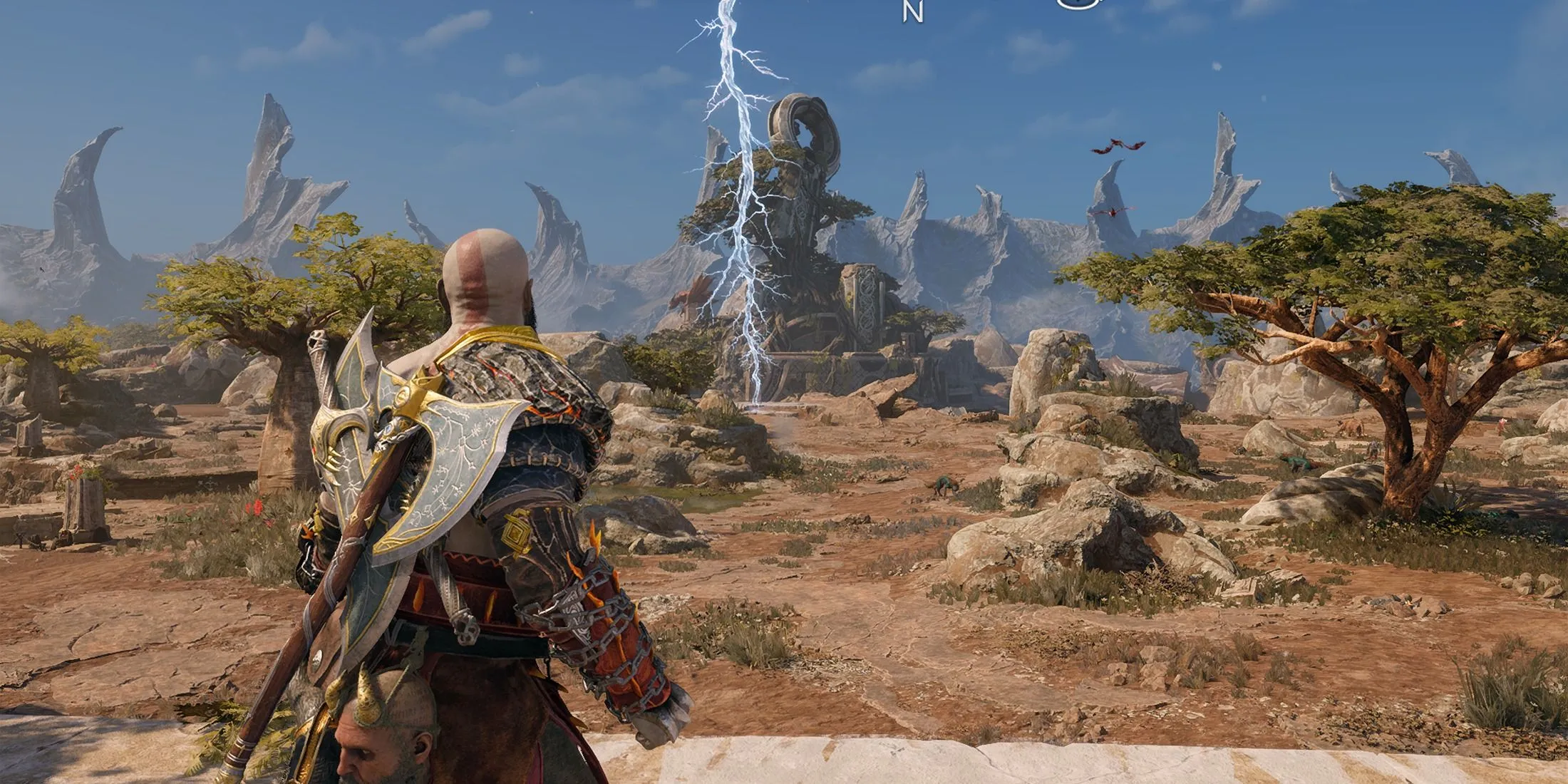 Vùng Crater và cảnh sét đánh trong God of War Ragnarok, thể hiện đồ họa ấn tượng