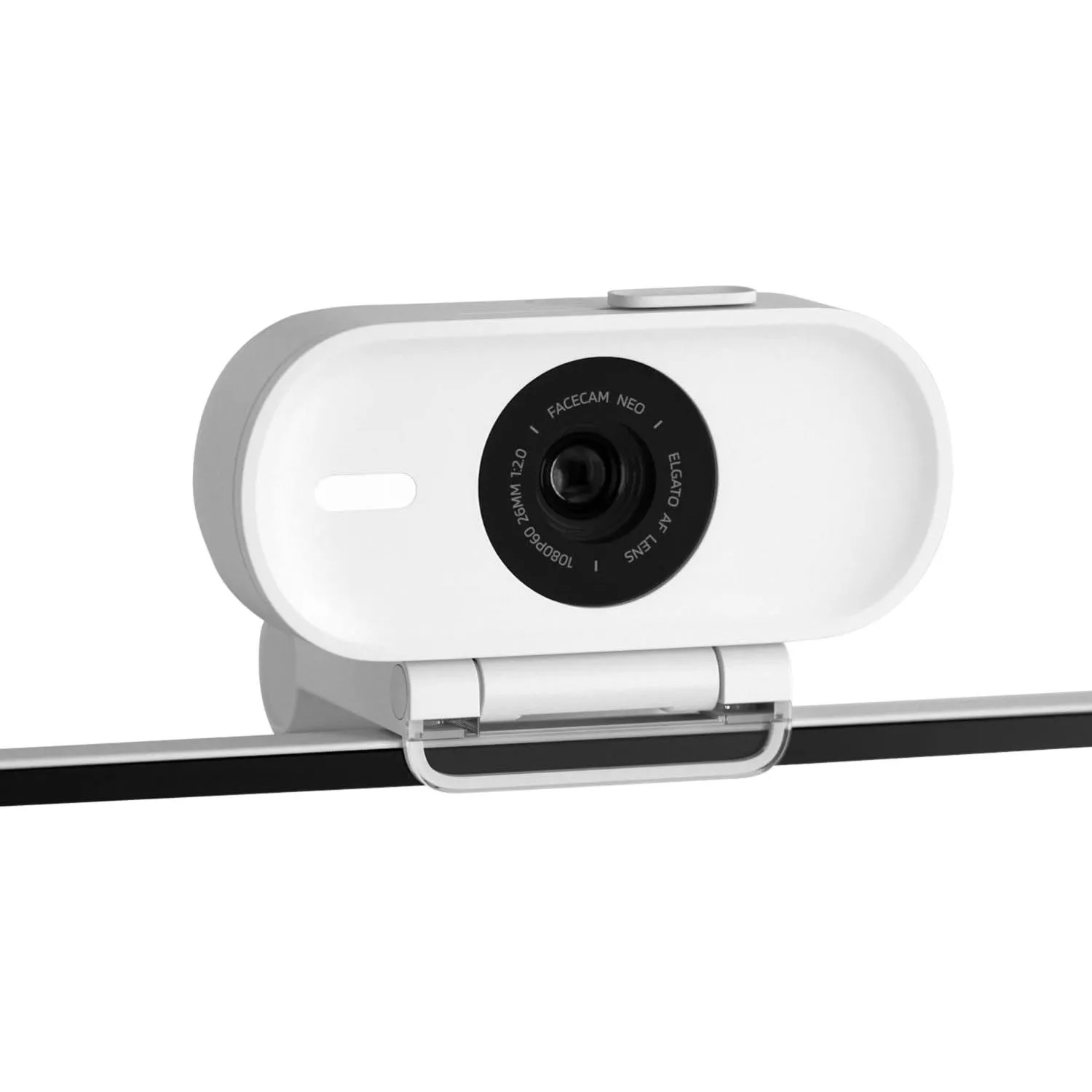 Webcam Elgato Facecam Neo màu đen trên nền trắng, nổi bật thiết kế nhỏ gọn và màn trập riêng tư.