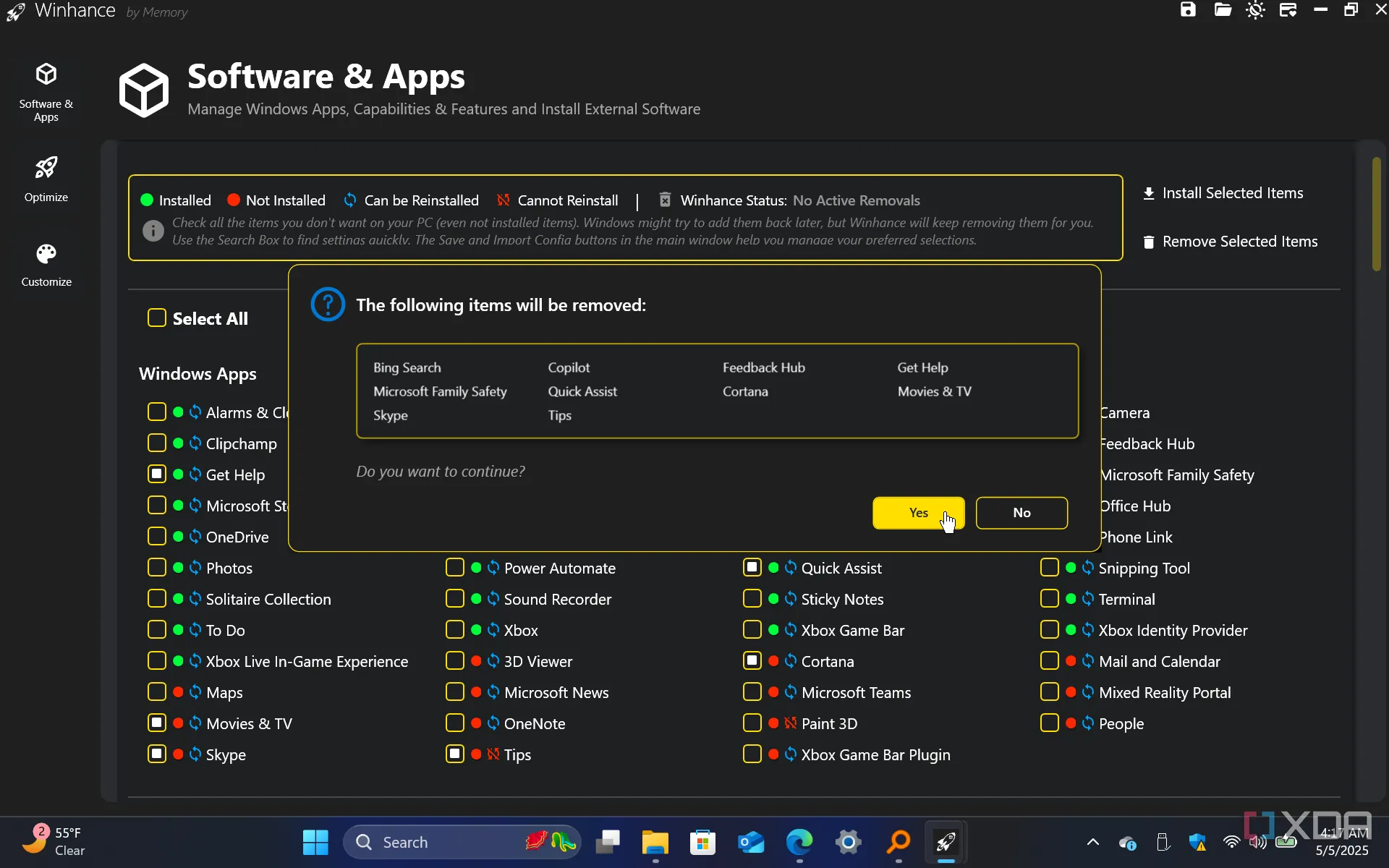 Winhance hiển thị giao diện gỡ bỏ các tính năng mặc định của Windows 11 để tối ưu hệ thống