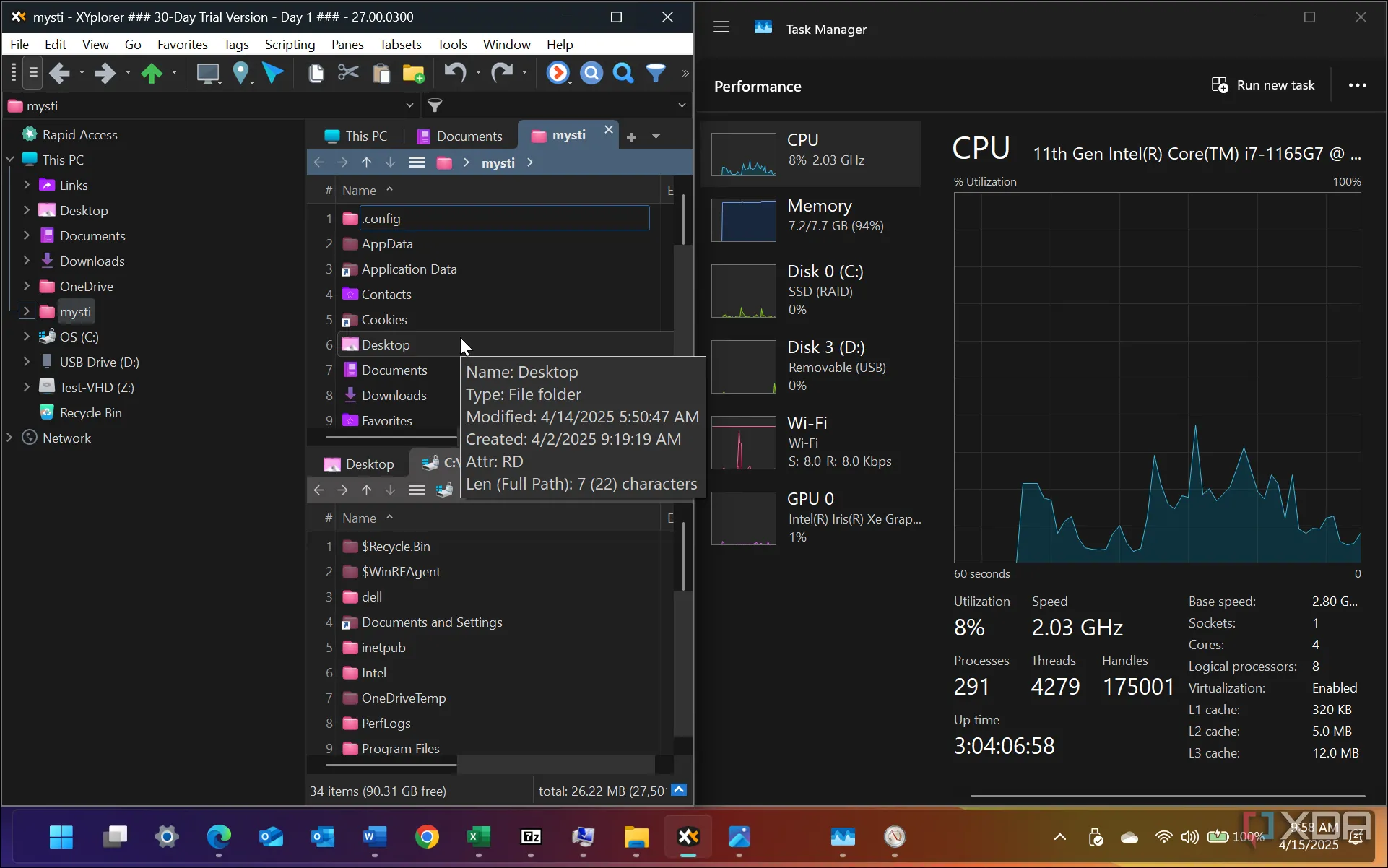 XYplorer đang hoạt động song song với Task Manager của Windows, minh họa hiệu suất sử dụng tài nguyên hệ thống thấp của phần mềm