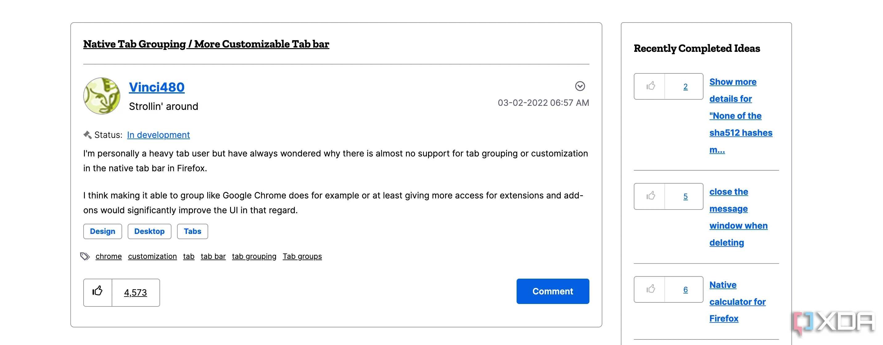 Yêu cầu tính năng nhóm tab gốc trên Mozilla Connect nhận được hàng ngàn lượt ủng hộ