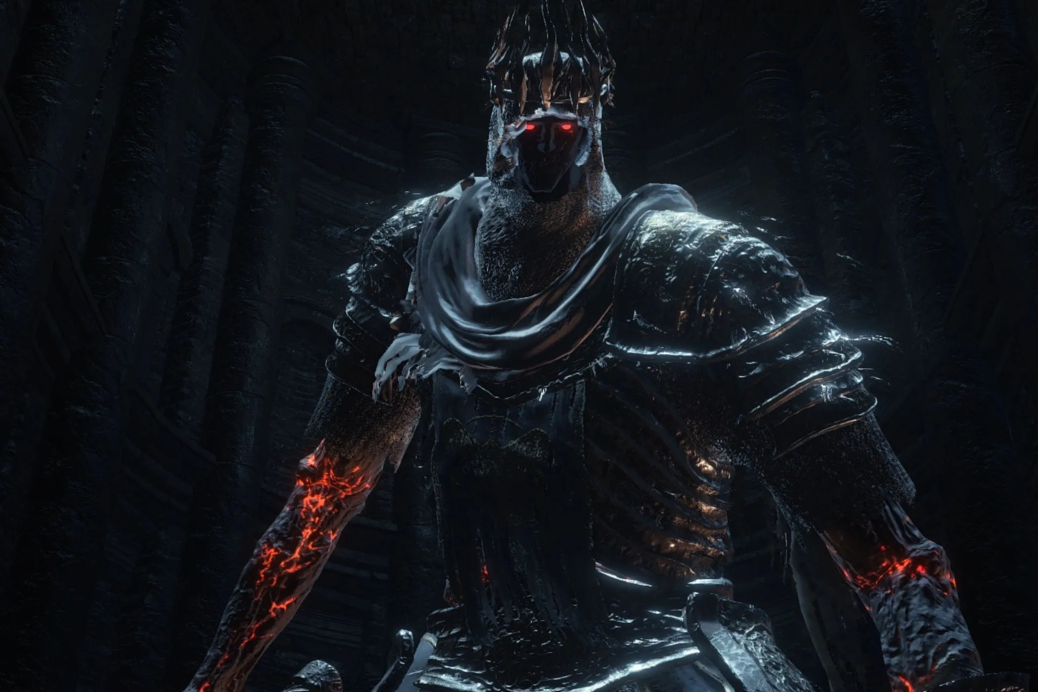 Yhorm the Giant sừng sững trong đống đổ nát của Cung Điện Ngai Vàng ở Dark Souls 3, một thách thức về kích thước.